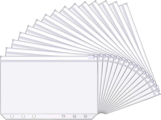 15 Pieces A6 Size 6 Holes Binder Pockets Plastic Binder Zipper Folders Waterproof 6 Holes Zipper Loose Leaf Bags for Documents Notebooks Cards