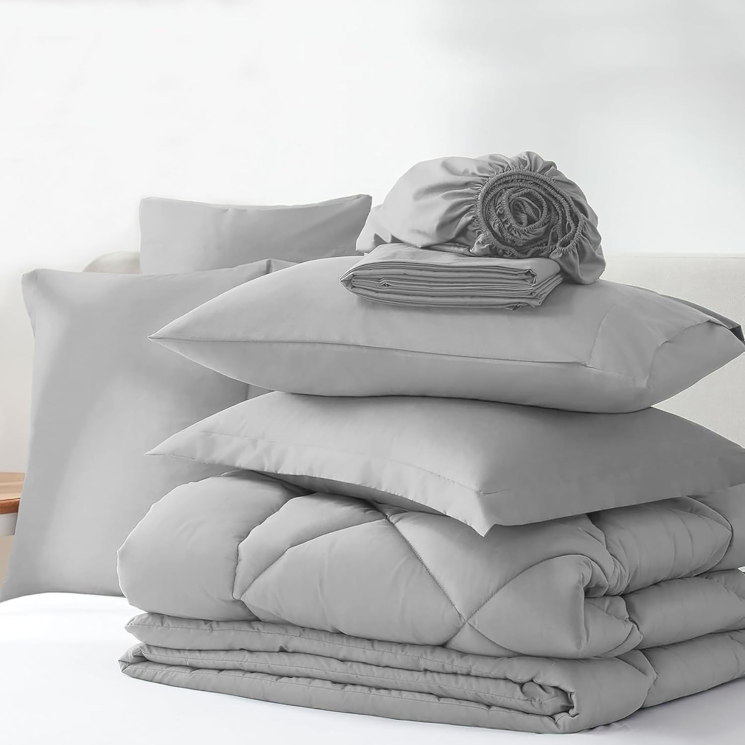 Sleepdown King Size Comforter Set with Sheets - 7 Piece, King Size Bed in a Bag, All Season King Bedding Set with Comforter Set, Pillow Shams, Flat Sheet, Fitted Sheet & Pillowcases (Light Gray, King)