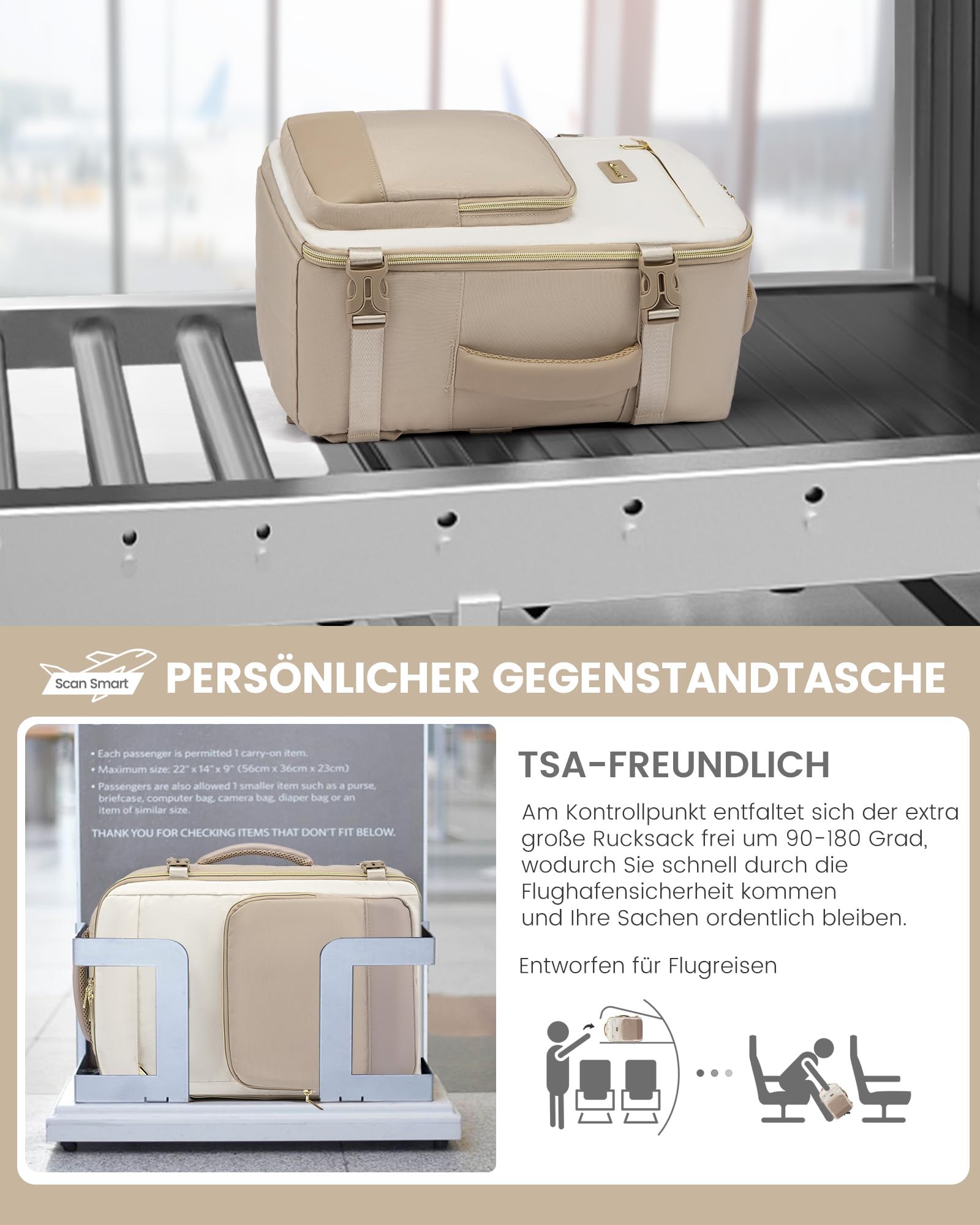 LOVEVOOK Ryanair Handgepäck 40x30x20, 24L Reiserucksack Damen, Handgepäck Rucksack Ryanair, Rucksack Damen, Reiserucksack Cabin Bag, Eurowings, Wizz Air, Urlaub Must Haves - Khaki Beige