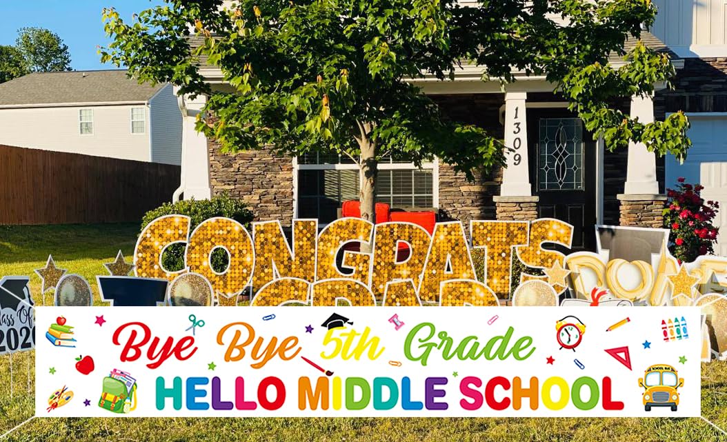 Aisosiks 5TH Grade Graduation Outdoor Garden Yard Banner Sign, Bye Bye 5TH Grade Hello Middle School, White, Polyester, 118'' x 19.6''