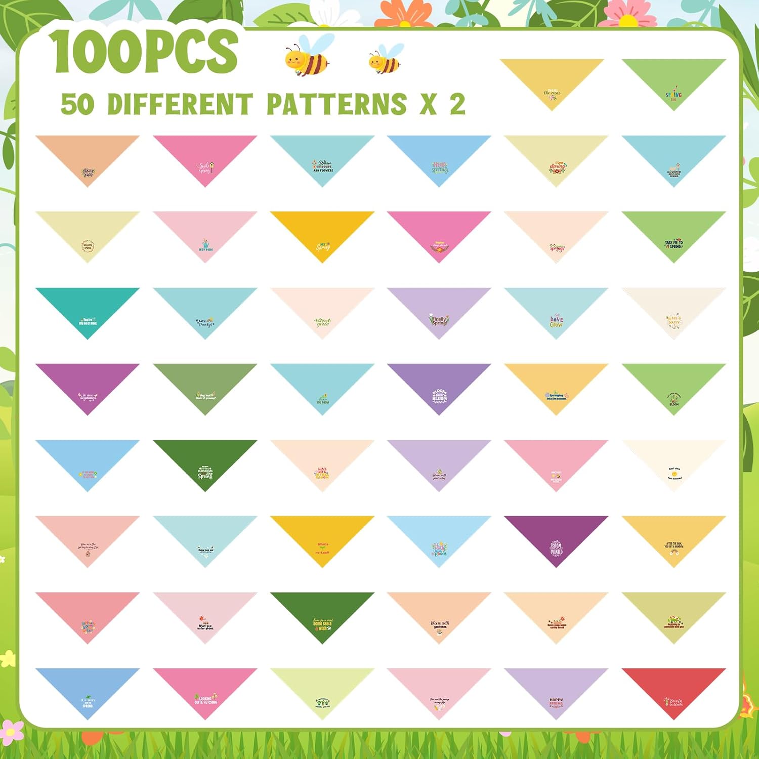 100 Pcs Spring Dog Bandana Bulk with Sayings Pet Triangle Scarf Bibs Washable Puppy Kerchief Adjustable Grooming Supplies for Small Medium Large Dog Cat Costume Accessories