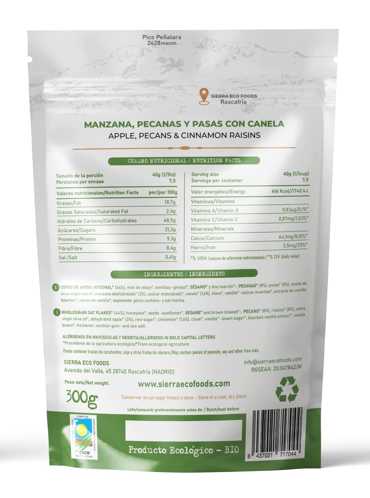 Granola de Manzana, Pecanas y Pasas con Canela (Pack: 3 x 300gr) Peso Total: 900gr