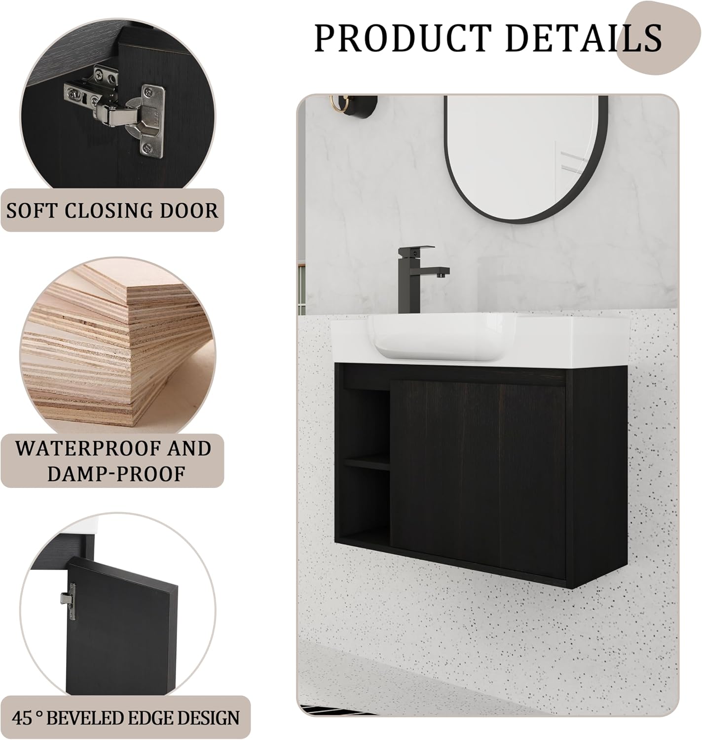 26 Inch Bathroom Vanity with Sink, Floating Bathroom Sink Vanity, Wall Mounted Bathroom Sink Cabinet, Modern Storge Vanity, One Door & Two Open Storage compartments, Black