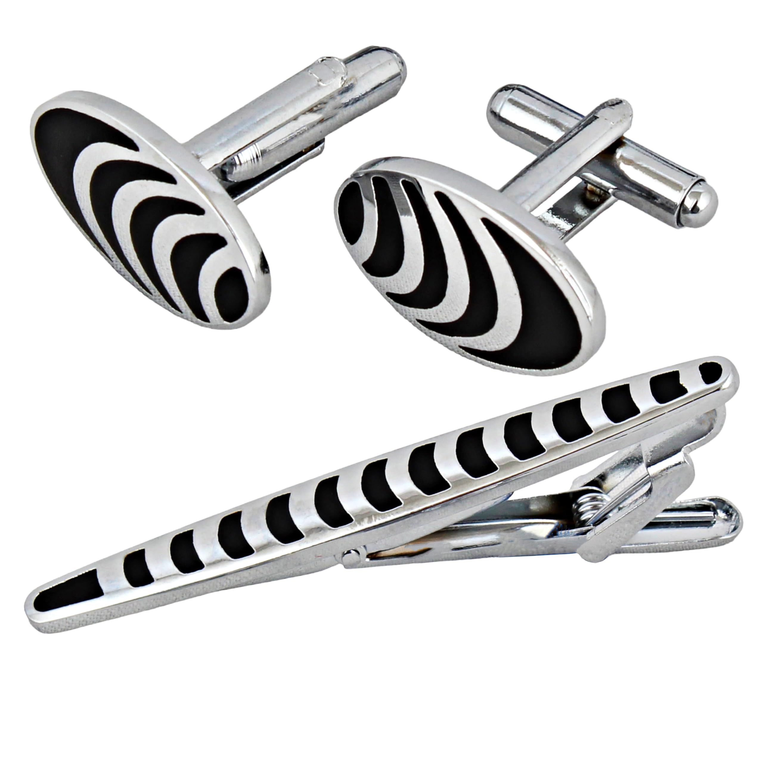 Men Jewelry Silver Plated Black Color Cufflink Formal Sleeve Button Cuff Shirt Button, Suit, Blazer Cufflinks and Tie Pin Combo Gift Set For Men (352-CHC5-1117-S)-image-23