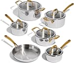 Lagostina Finezza 11-Piece 5-Ply Clad Stainless Steel Cookware Set, Premium Pots and Pans Set, Induction Safe, Oven Safe up to 400ºF / 204ºC, Elegant Gold Handles, Silver