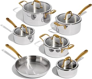 Lagostina Finezza 11-Piece 5-Ply Clad Stainless Steel Cookware Set, Premium Pots and Pans Set, Induction Safe, Oven Safe up to 400ºF / 204ºC, Elegant Gold Handles, Silver