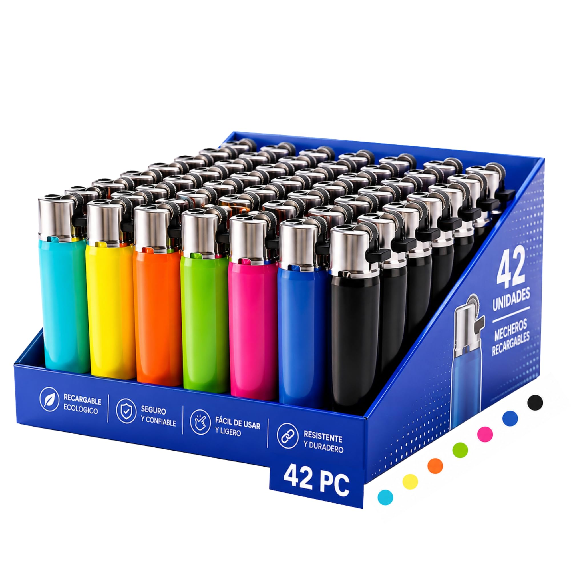 Pack 42 Mecheros Recargables con Gas Butano Encendedores Reutilizables de Piedra Larga Duración Llama Estable Encendido Rápido Colores Variados para Cocina Camping Velas y Barbacoa