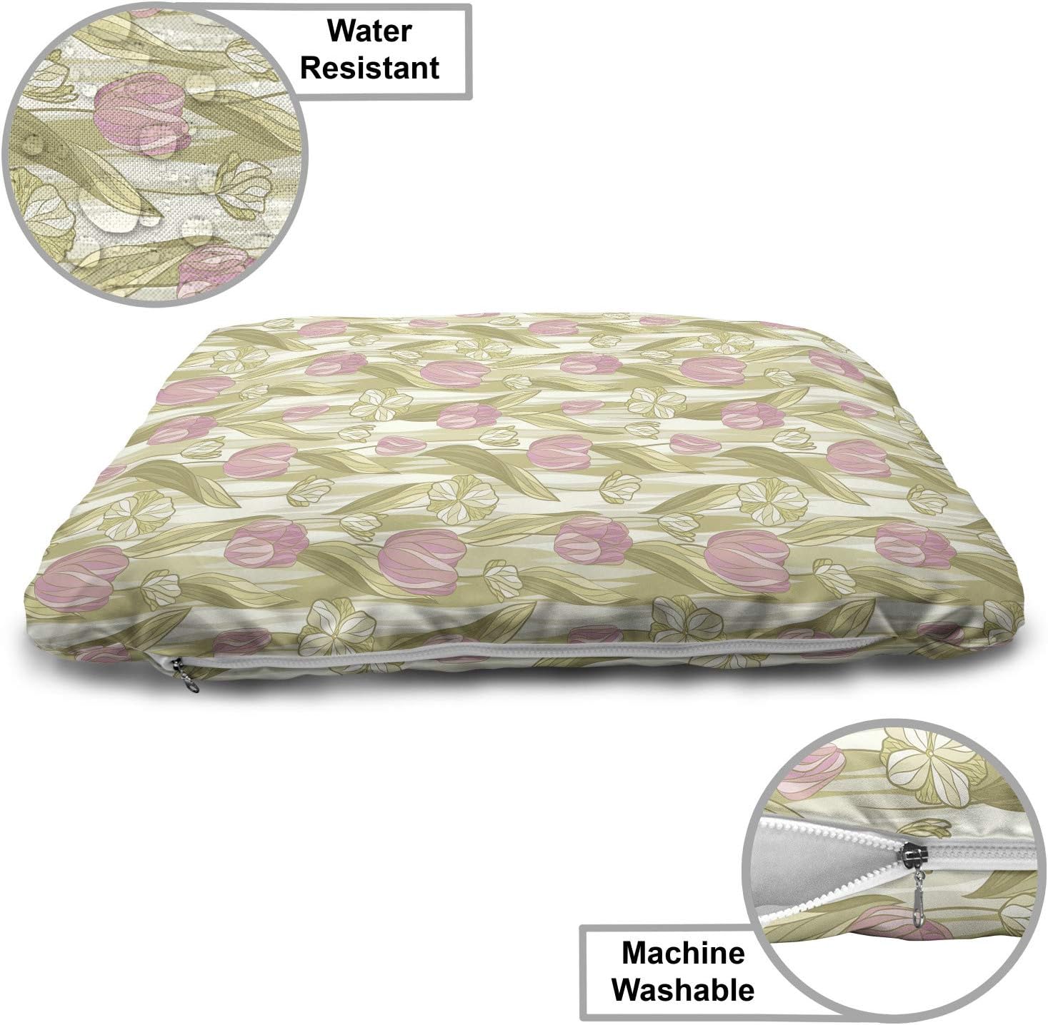 review Lunarable Tulips Pet Bed, Soft Pastel Tones Spring Look Rhythmic Print, Chew Resistant Pad for Dogs and Cats Cushion with Removable Cover, 24