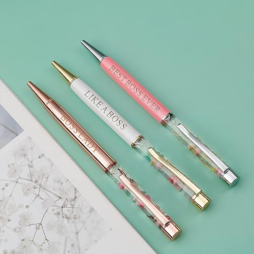 Miniatura 4 de Juego de 3 bolígrafos Boss Lady, regalos Boss Lady de tinta negra para mujeres, bolígrafos de punta de bola florales rosa, oro rosa y blanco,