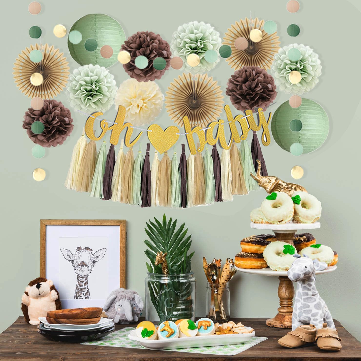 Woodland Baby Shower Decorations Sage Green and Brown Forest Theme Safari Jungle Baby Shower Decorations Gender Reval Party Decor with Beige Sage Green Brown Tassel Garlands