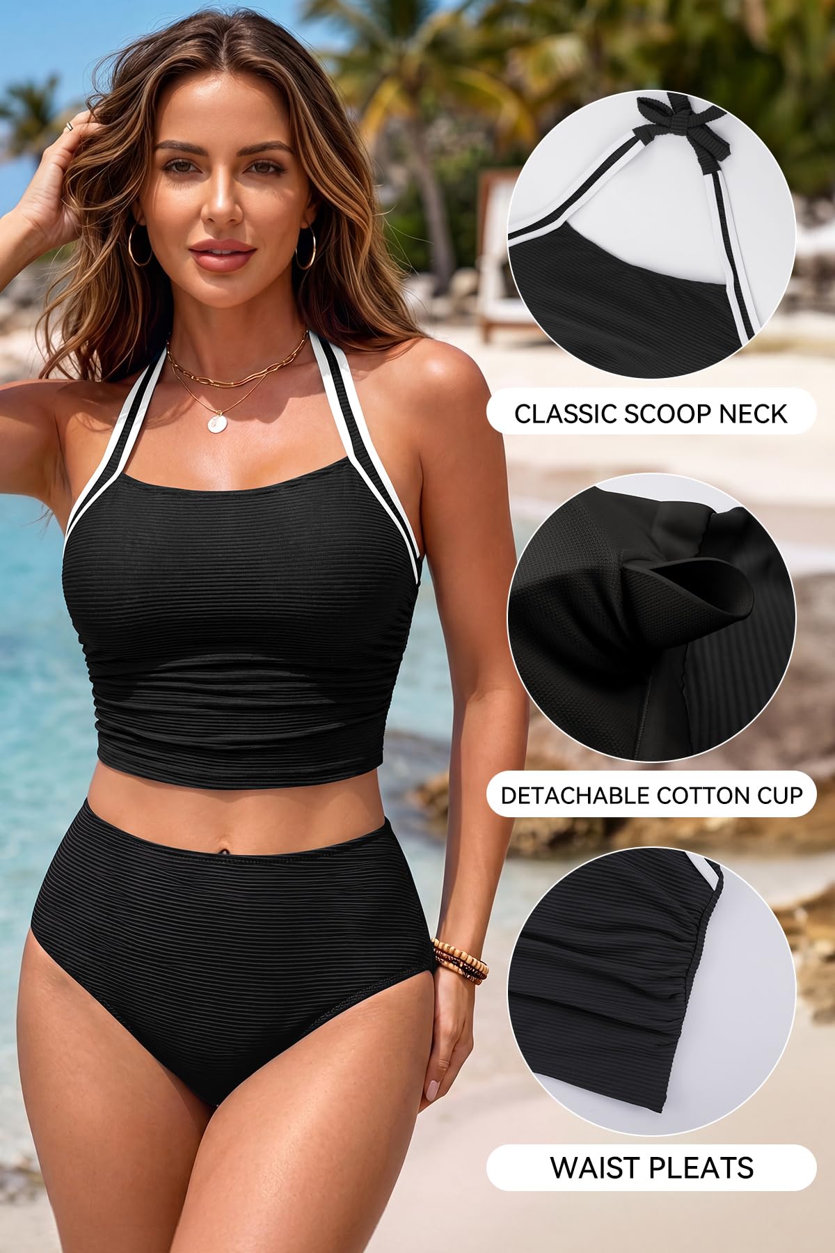 SHEKINI Tankini da donna con allacciatura al collo, increspato, top da nuoto a vita alta, set bikini sportivo a costine, costume da bagno a due pezzi, taglie S-XXL