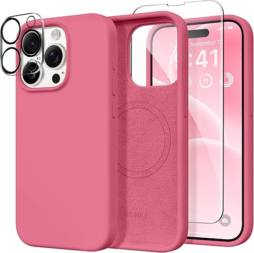 Miniatura 77 de GONEZ Funda de silicona para iPhone 14 Pro Max, compatible con MagSafe, con protector de pantalla + protector de lente de cámara, silicona líquida a