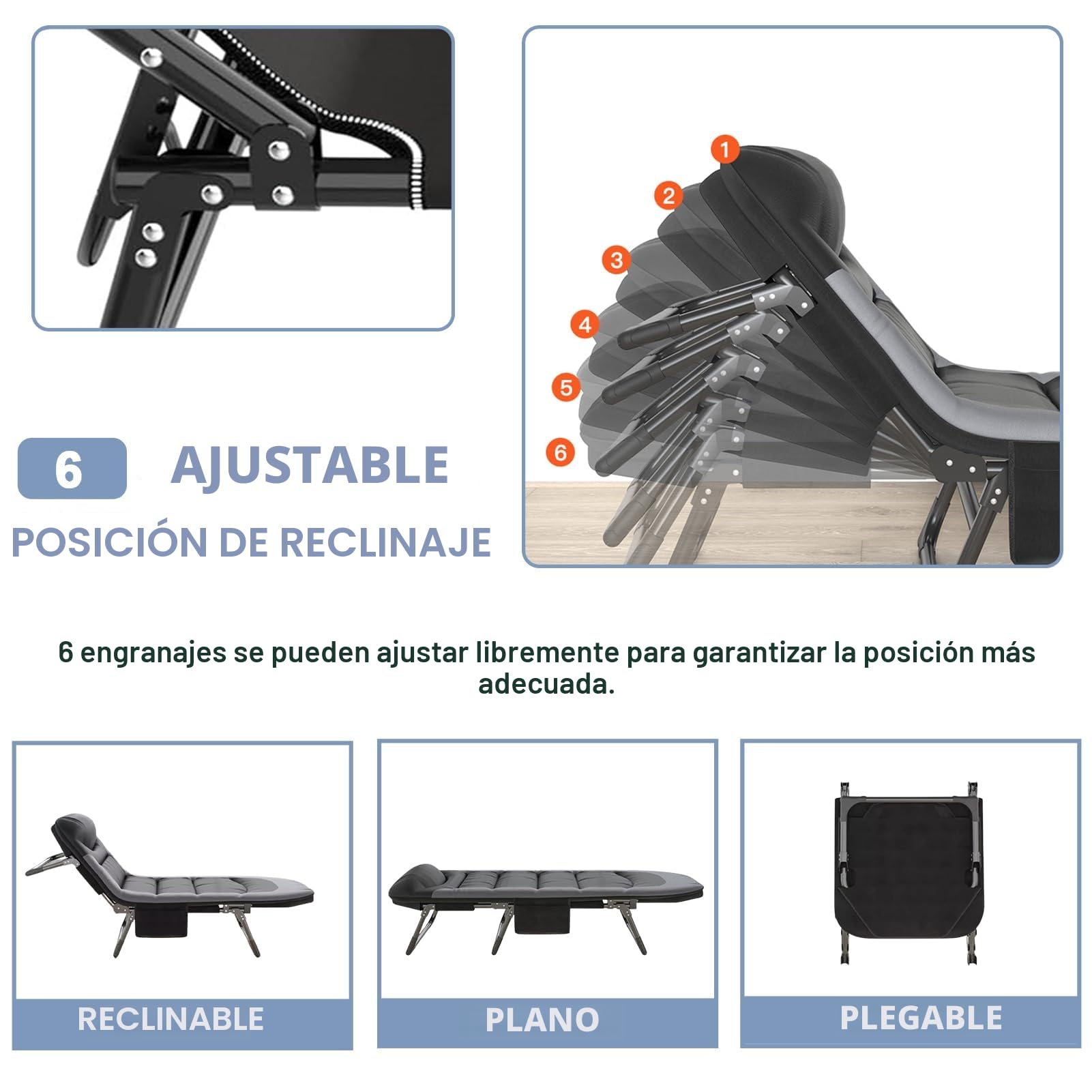 Tumbona Jardin Exterior Plegable, Tumbonas Jardin con 6 Posiciones Soporta, Cama Plegable Camping, Tumbona para Terraza, Balcón, Jardín, Interior, Exterior (Negro)