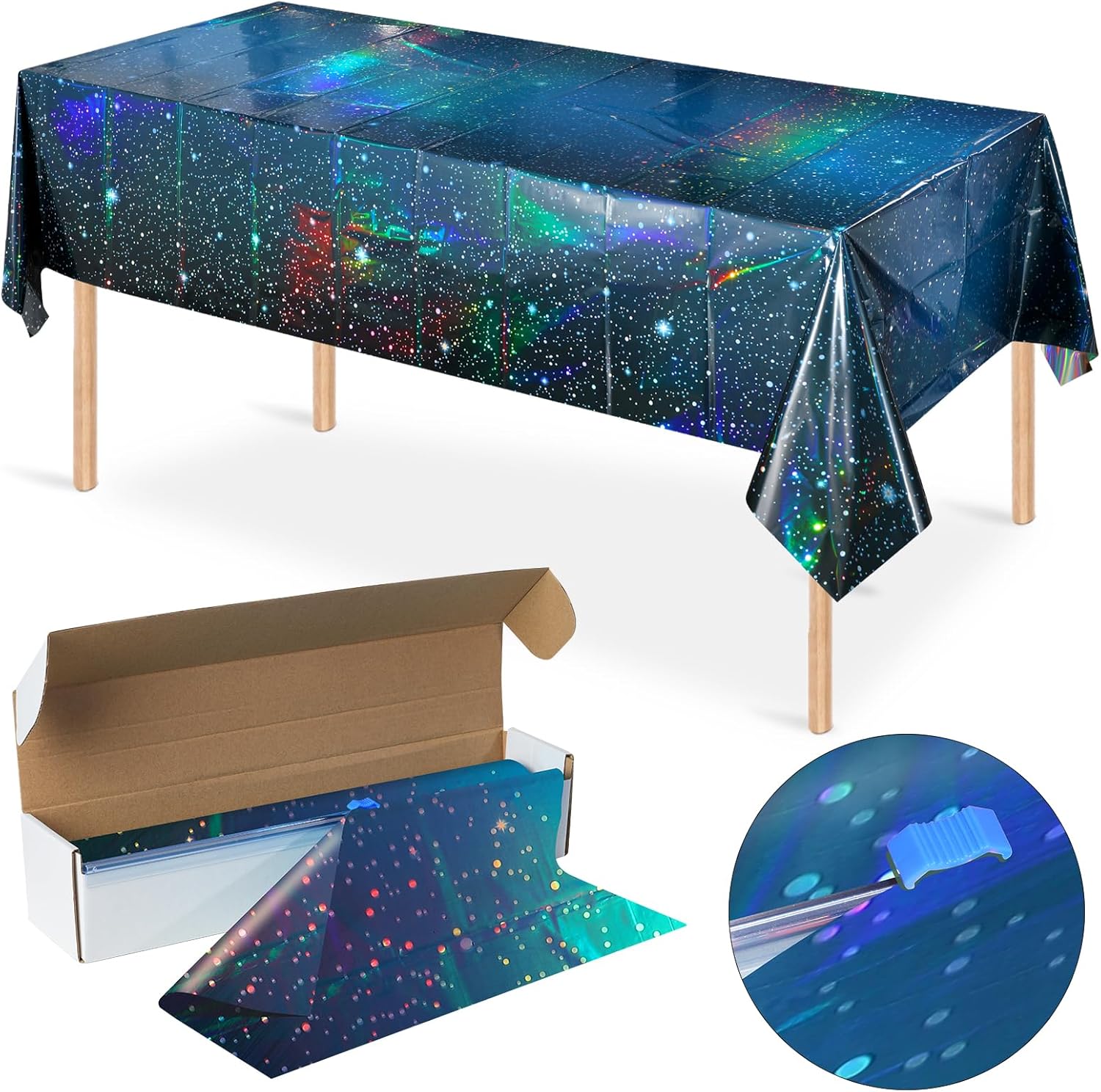 100Feet X 54 Inch Roll Iridescent Space Tablecloths Disposable Plastic Blue Galaxy Table Cloth Rectangle Roll Table Covers for Space Starry Night Star Theme Party Birthday Party Decorations