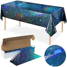 100Feet X 54 Inch Roll Iridescent Space Tablecloths Disposable Plastic Blue Galaxy Table Cloth Rectangle Roll Table Covers for Space Starry Night Star Theme Party Birthday Party Decorations