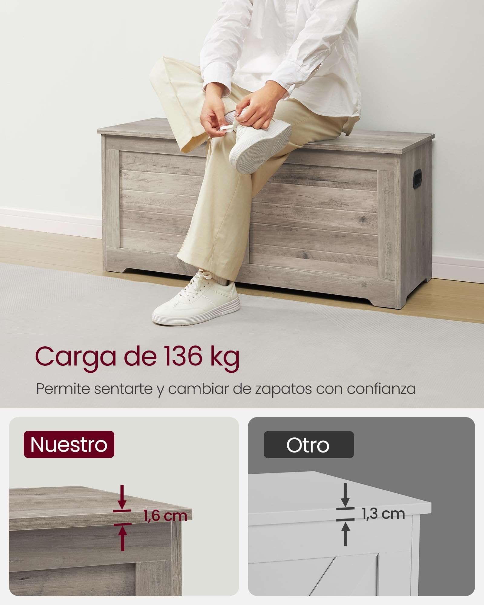 VASAGLE Puff Almacenaje con 2 Bisagras de Seguridad, 40 x 100 x 46 cm | Baúl, Banco Zapatero, Estilo de Campo, para Pasillo Dormitorio Salón, Greige Mélange, Colección SOFIE LSB061K02