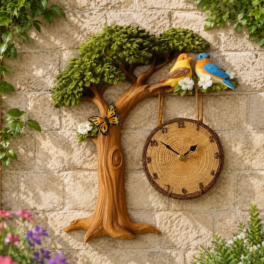 Outdoor Garden Wall Clock – Weather Resistant Indoor Outdoor Clock, Decorative Tree Design with Birds & Butterflies, Hand Painted 3D Effect, Large 32 x 28.5 cm