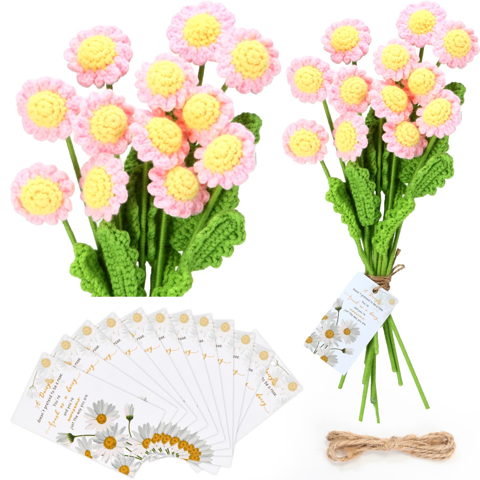 Tigeen 12 Sets Valentine's Day Gifts for Teachers Bulk Daisy Knitted Flower Bouquet Crochet Daisy and Awesome Cards Employee Appreciation Gifts for