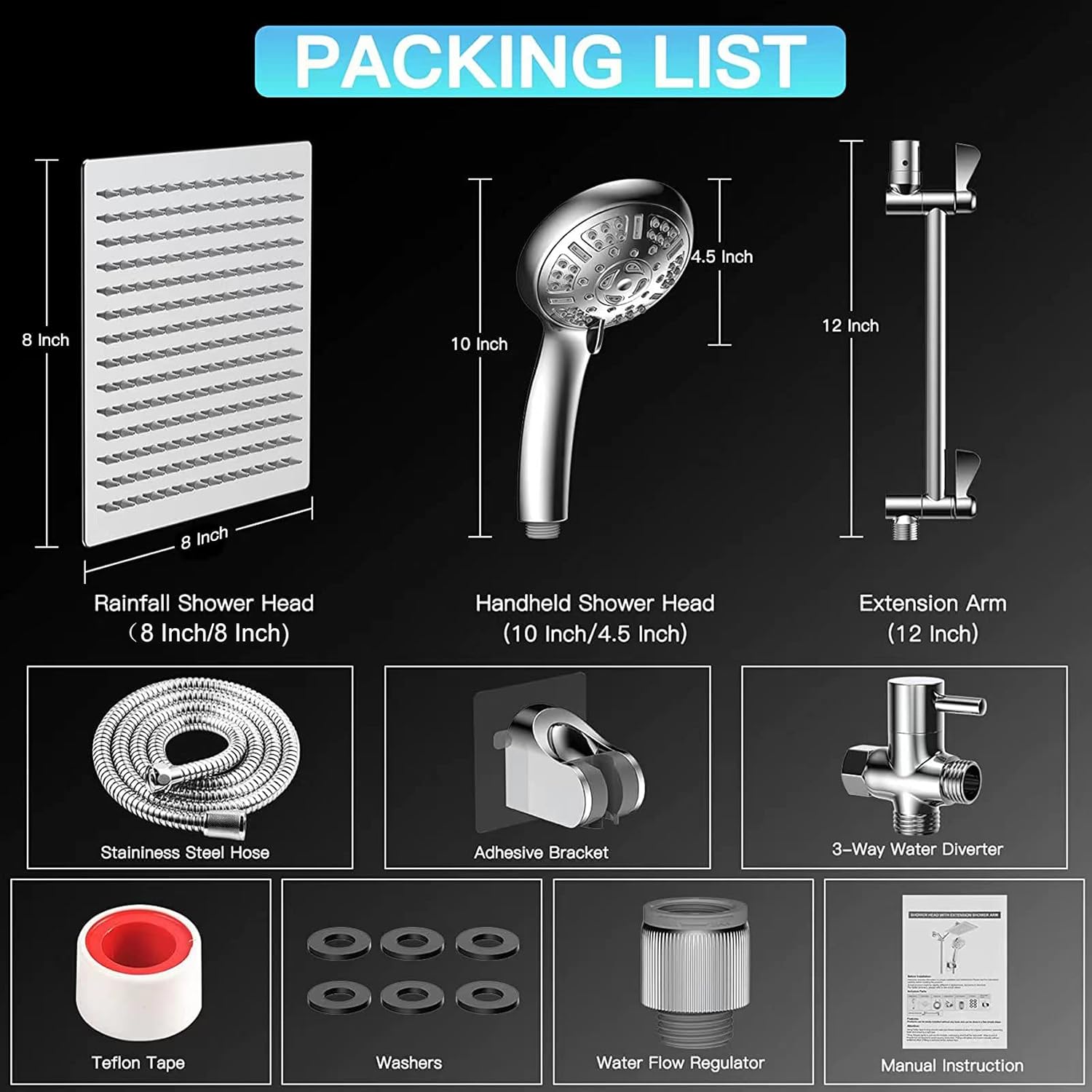 Shower Head, 8" High Pressure Rainfall Shower Head with 11" Adjustable Extension Arm and 9 Settings Handheld Showerhead Combo with Holder, Retractable 59" Hose, Flow Regulator, Chrome - - 