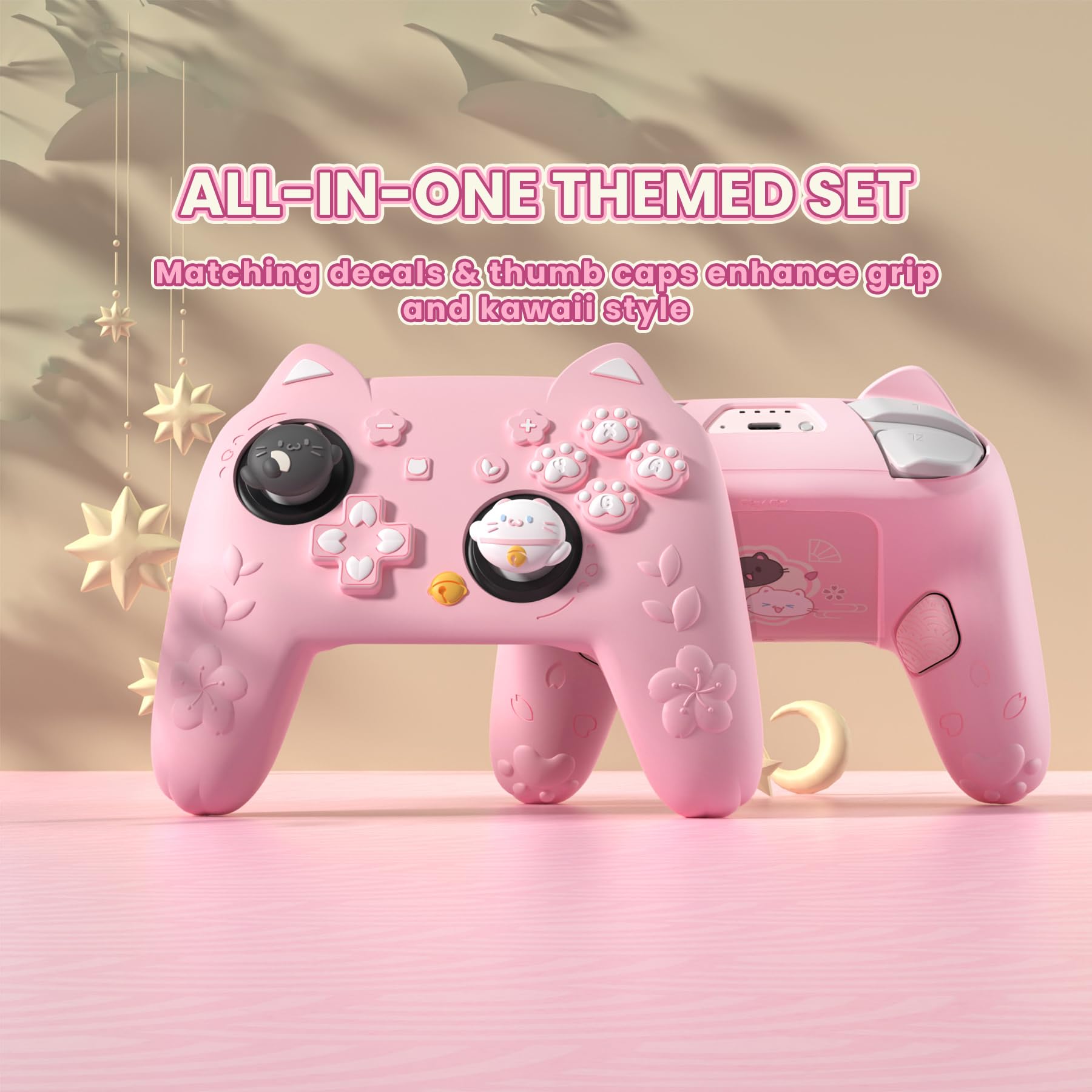 PlayVital for Nintendo Switch 2 Pro Controller Silicone Cover – Cherry Blossoms Kitten Cute Protective Skin Case for Switch 2 Pro Controller w/Back Button Cap & Thumb Grip & Sticker - Pink - 5