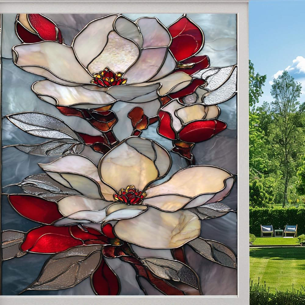 Pmlbaous Colorful Magnolia Frosted Window Film, Abstract Plant Natural Flowers Stained Glass Privacy Film, Heat Insulation Self-Adhesive Vinyl For Bathroom Office, （45X60cm）