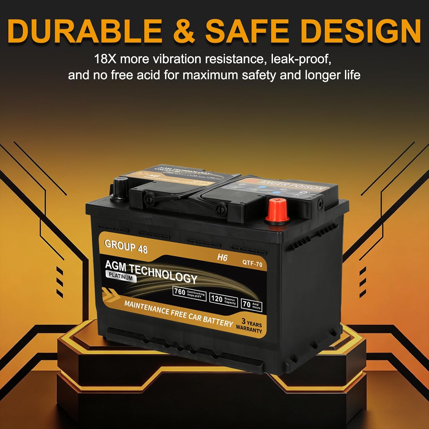 Platinum AGM Car Battery Group Size 48 H6, 12V 70Ah, 760 CCA, 120 RC, Rechargeable Start-Stop Automotive Battery with 36-Month Warranty