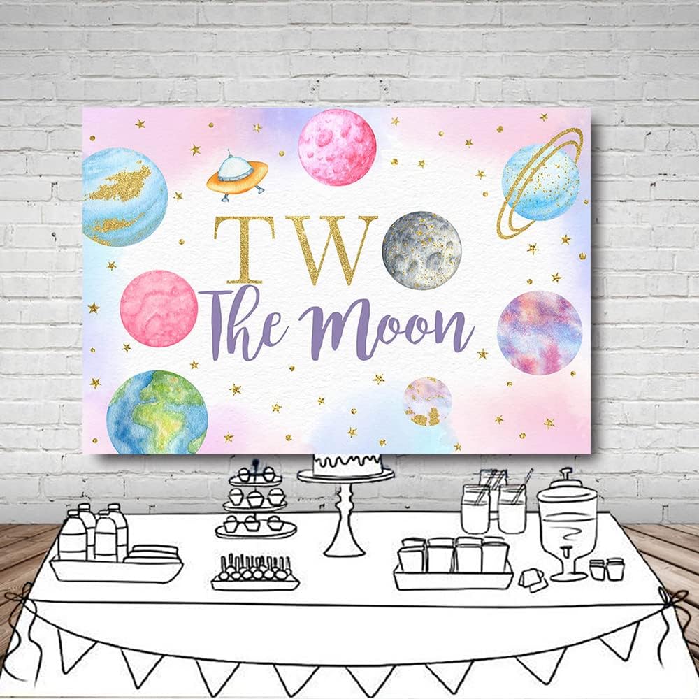 MEHOFOND 7x5ft Outer Space Two The Moon Backdrop Girl Happy 2nd Birthday Pink Gold Party Supplies Galaxy Planets Stars Theme Background Decor Photobooth Props Banner