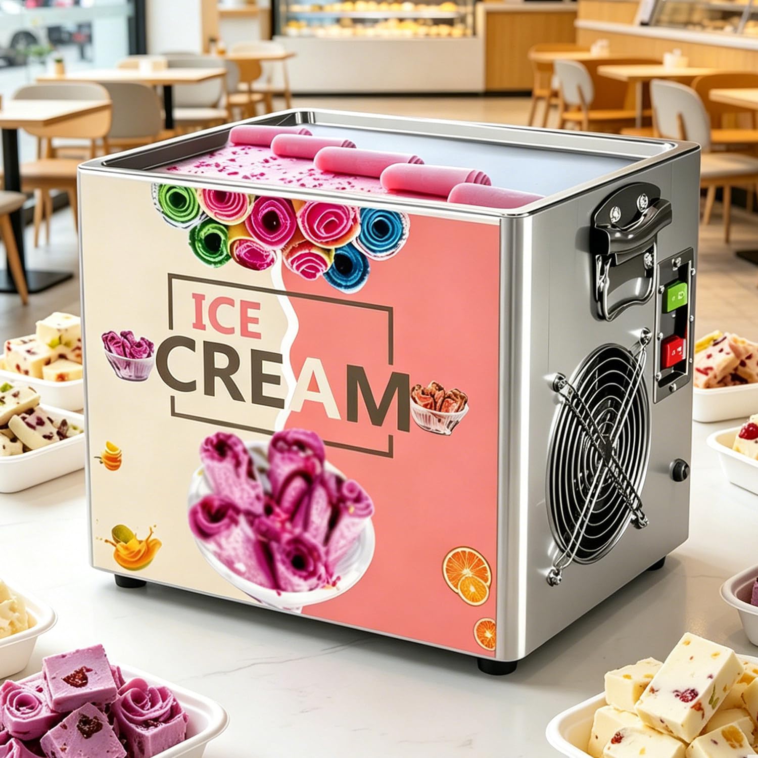 QuinteZhenTially 330w Portable Rolled Yogurt Ice Cream Maker,Stainless Steel Commercial Rolled Ice Cream Maker,Homemade Ice Cream,Yogurt,Sorbet,Fruit Sorbet Treat Maker for Family Gathering,Party