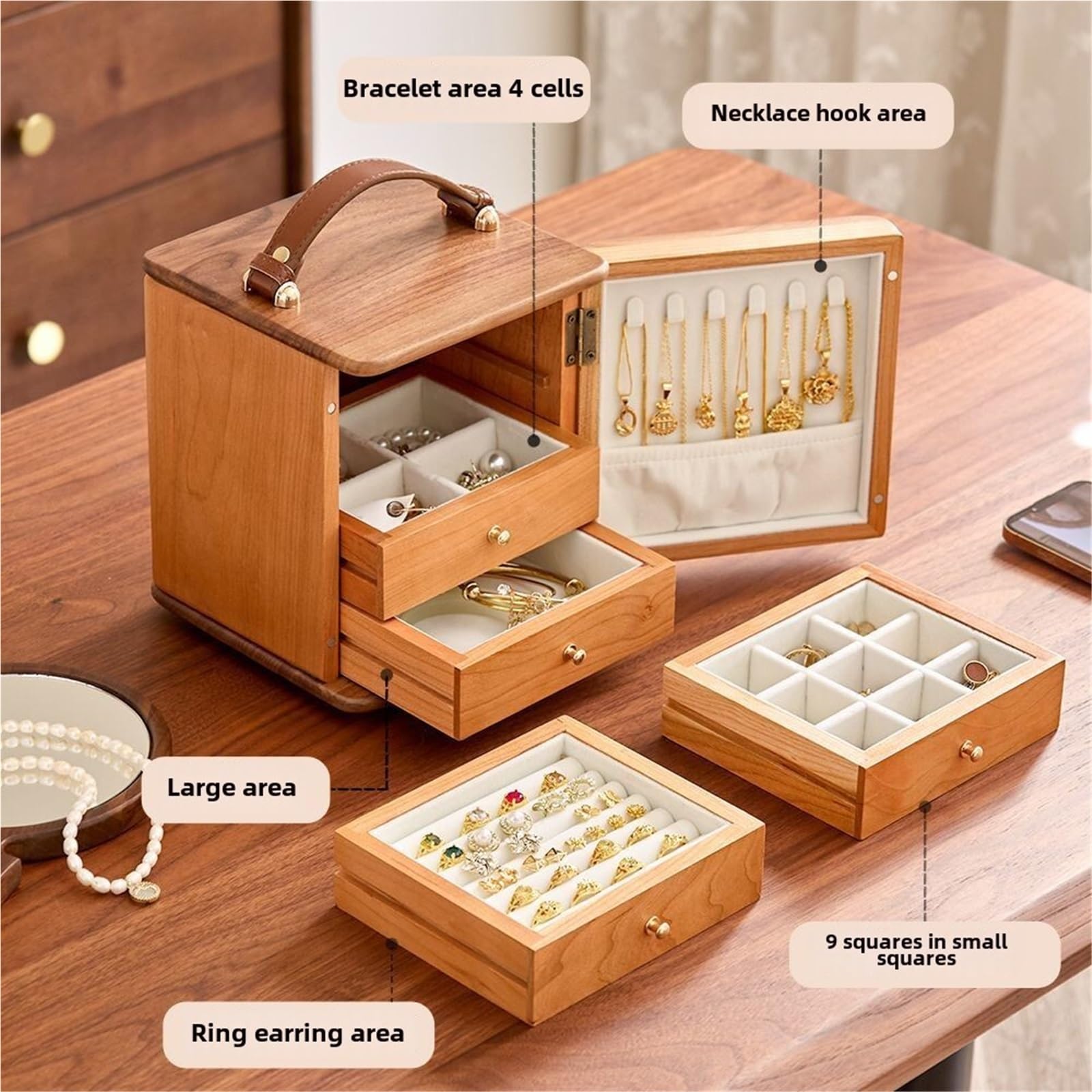 Generisch Solid Black Walnut Wood Storage Box With Drawers, wielowarstwowy organizer o dużej pojemności