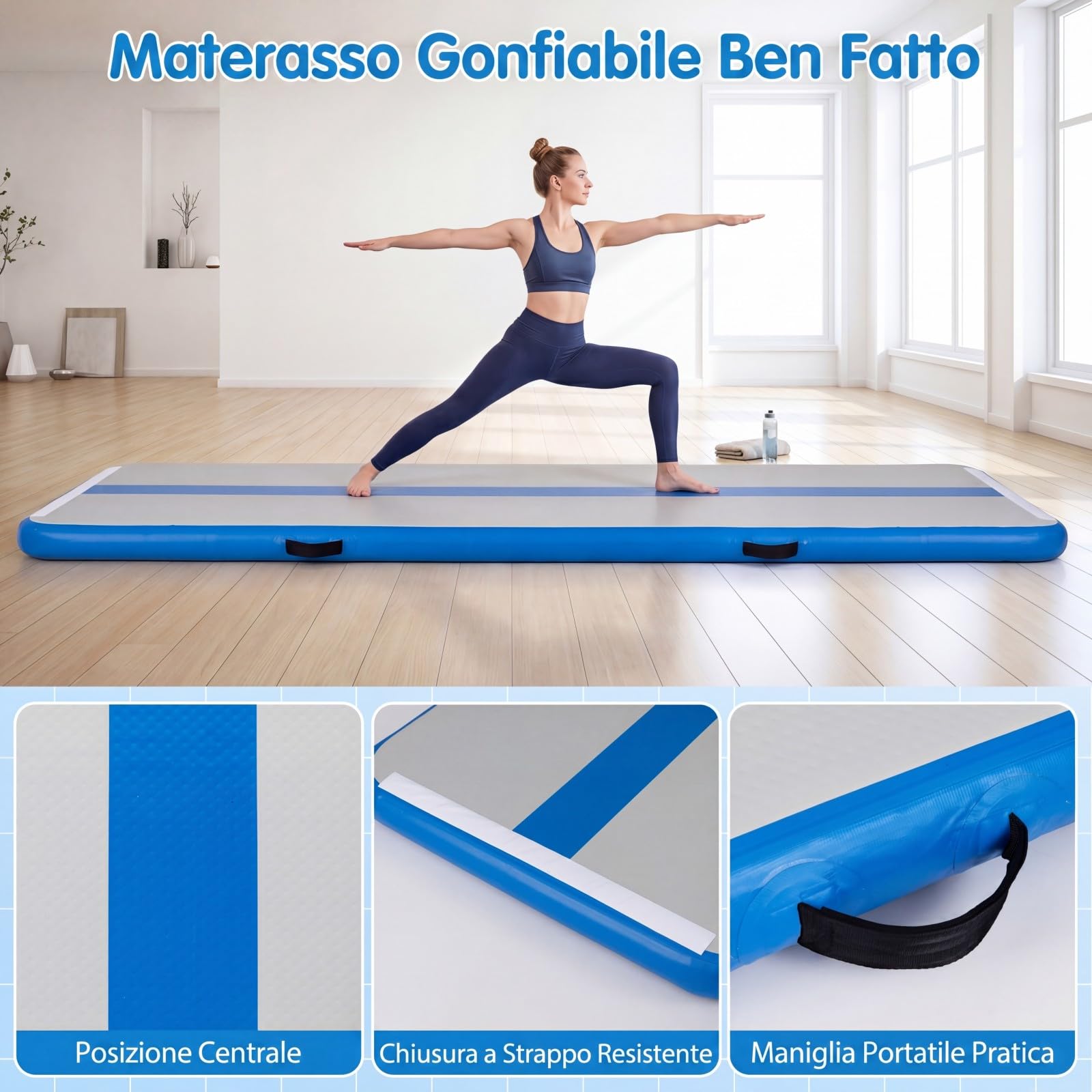 COSTWAY Tappeto Ginnastica Artistica da Casa, Materasso Ginnastica in PVC con Pompa ad Aria e Borsa, Tappetino Gonfiabile per Yoga, Fitness e Allenamento, 297 x 98 x 11 cm