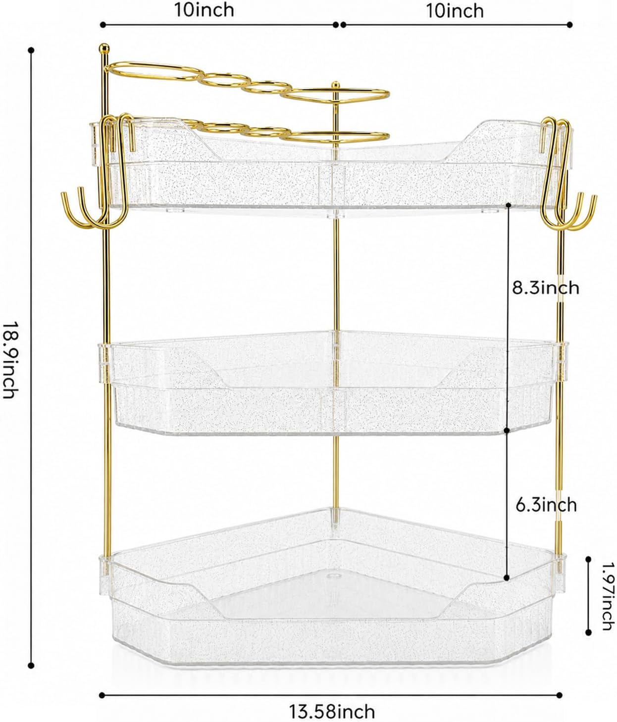 Corner Bathroom Counter Organizer, 3-Tier Makeup Organizer with Brush Holder, Clear Silver Vanity Storage for Skincare, Cosmetics, Perfume & Dresser Countertop