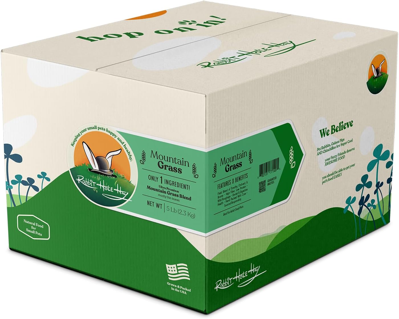 Rabbit Hole Hay - Ultra Premium Mountain Grass for Small Pets - 5 lb Box - Hand-Sorted Freshness