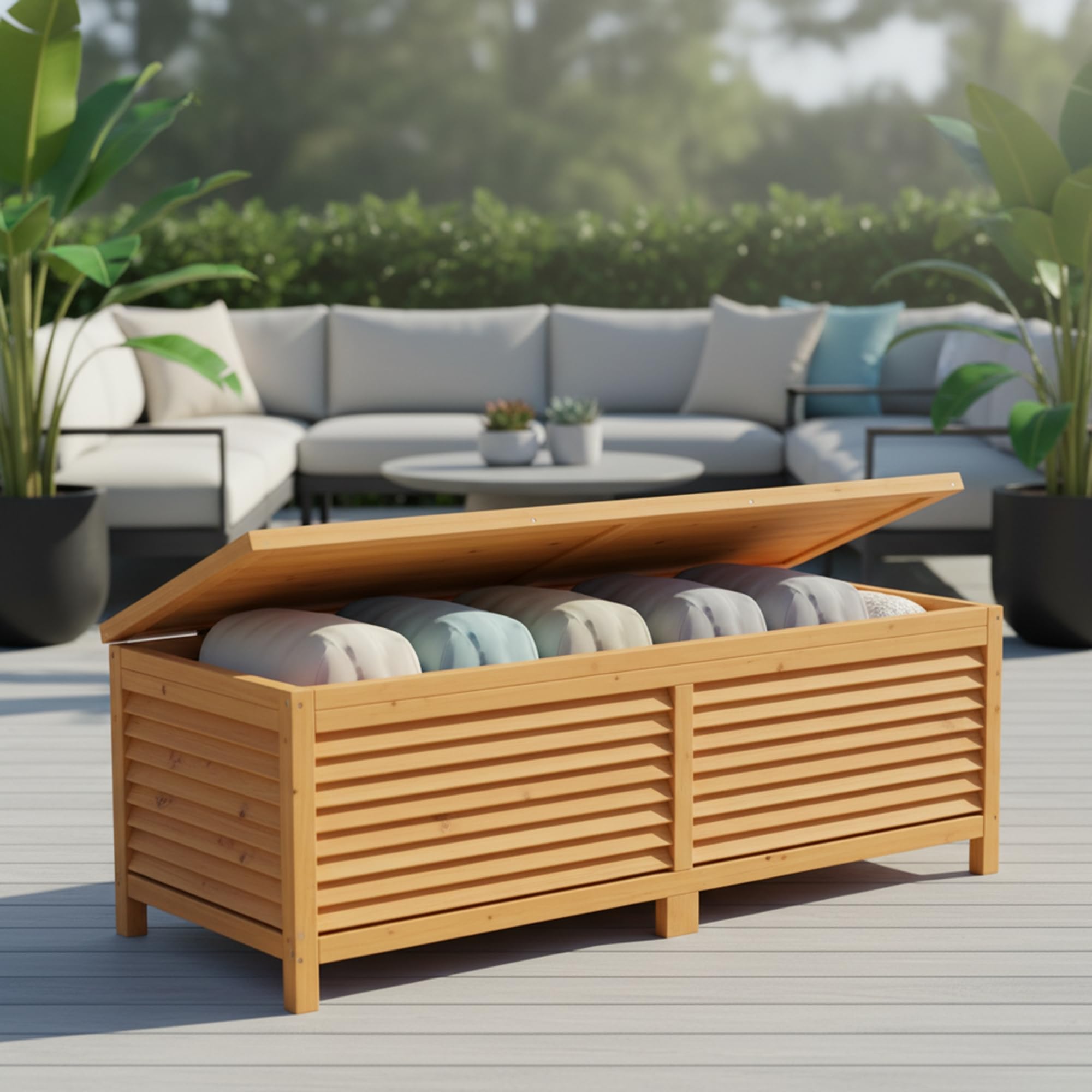 Mucola Auflagenbox Kissenbox Gartentruhe mit Deckel 140x46x52 cm Holz Braun | wetterfest und robust, Platz für Gartenpolster und Gartengeräte, aus Massivholz, individuell gestaltbar und streichbar
