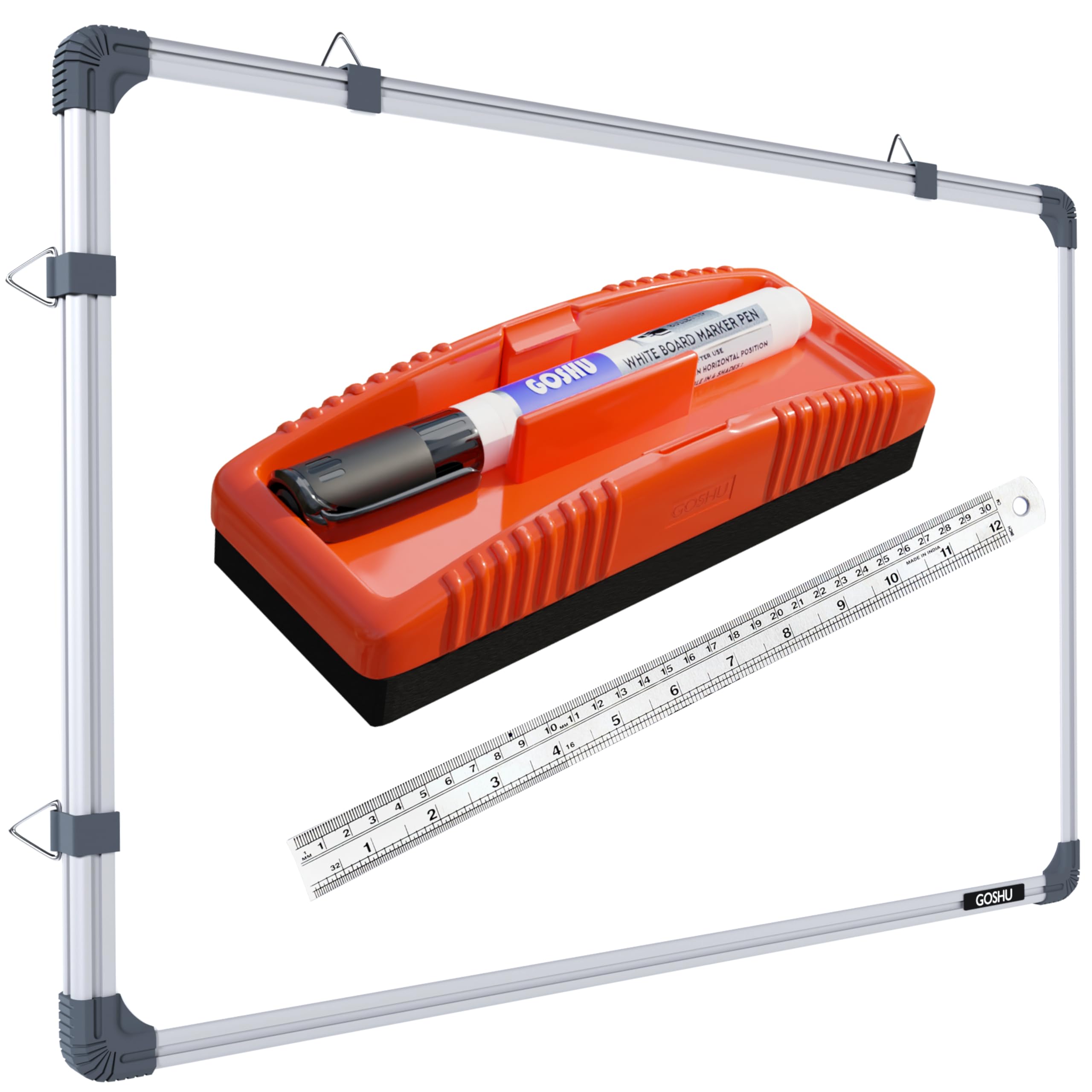 GOSHU Non Magnetic 2 feet x3 feet Double Sided White Board and Chalk Board Both Side Writing Boards Includes Non-Magnetic Duster, One Black Ink Marker and 30cm Scale (2x3 feet, Pack of 4 Items)