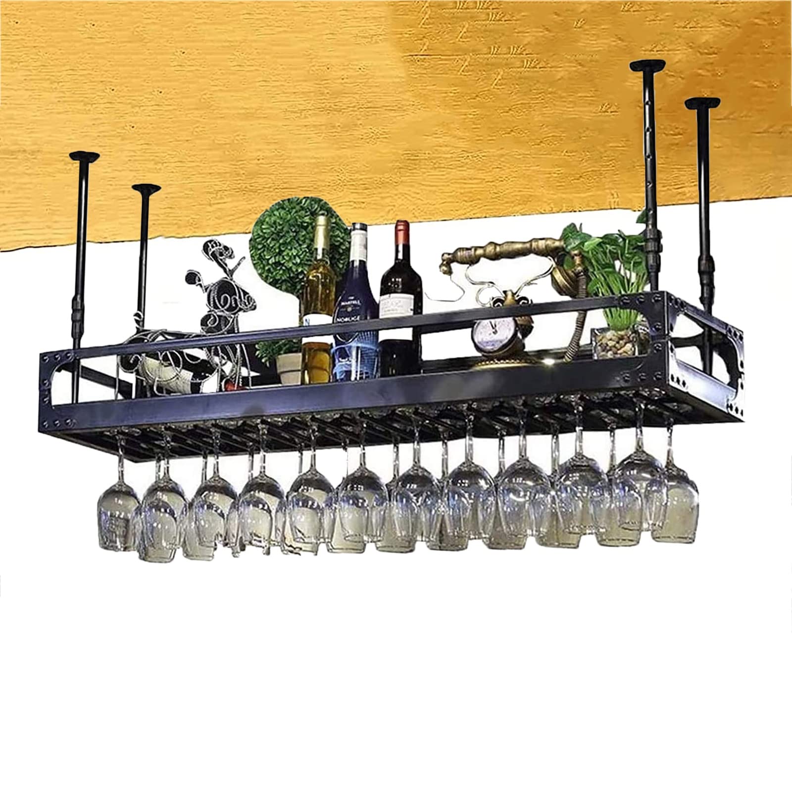Casier à vin en fer forgé au plafond réglable, support bouteille et verres à pied