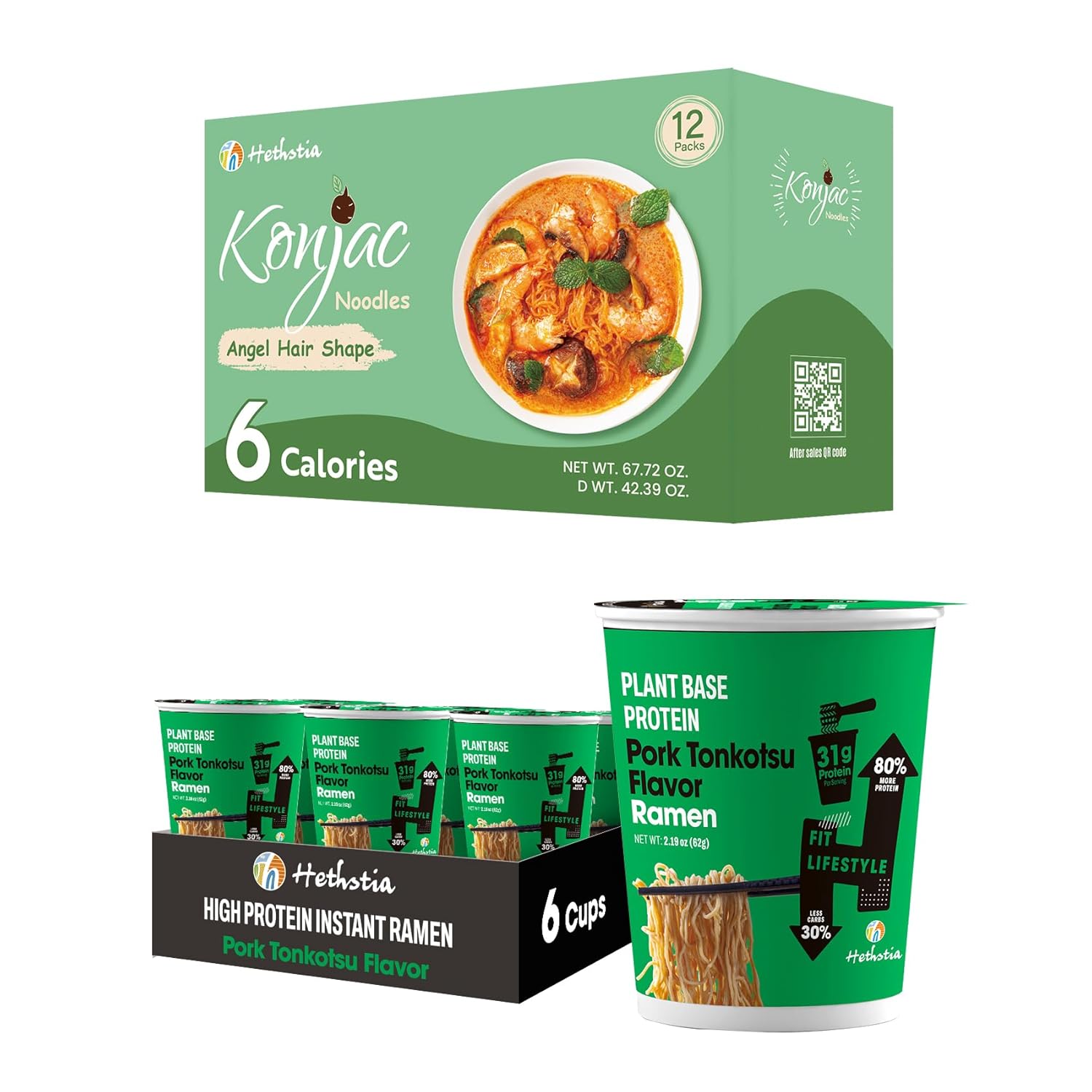 Hethstia Instant High-Protein Ramen Cup Pork Tonkotsu Flavor 6 Packs and Konjac Angel Hair Gluten Free 12 Packs, Plant-Based, Low Fat, Healthy Food