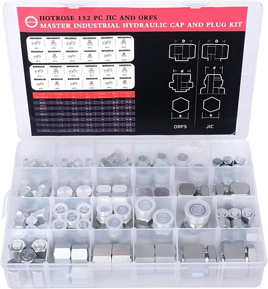 152 PCS JIC and ORFS Master Industrial Hydraulic Cap and Plug Hose Tube and Pipe Fitting Kit, Hydraulic Cap and Plug Precision Threading in ORFS Flat Face and JIC 37° Dash Sizes 4 6 8 10 12 16