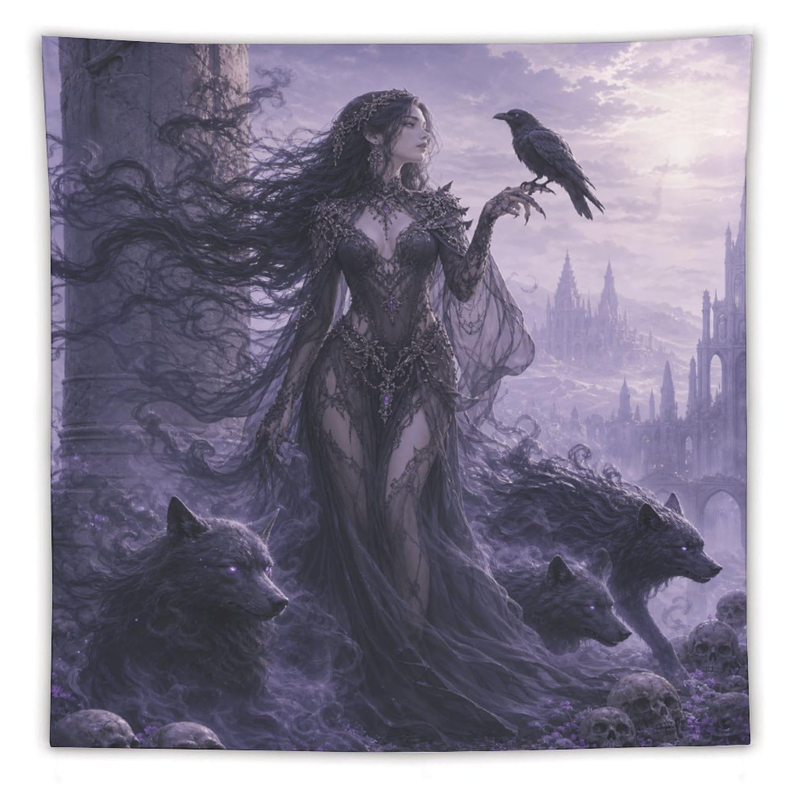 W7C8U2X3 Raven Witch with Wolf Wall Tapestry, Gothic Oil Style, Entryway