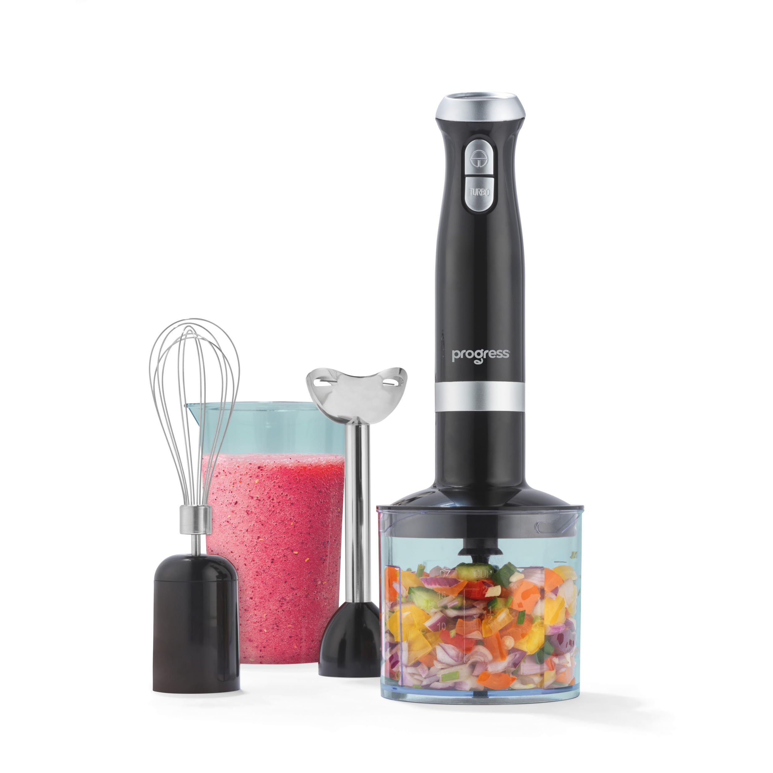 Progress 3 in 1 Blender Set – 500ml Chopping Bowl, 2 Speed Settings, 700ml Storage Beaker, 700W, Stainless Steel Blending Rod & Blade, Whisk Attachment, Whisp/Blend/Chop, Food Processor, Black