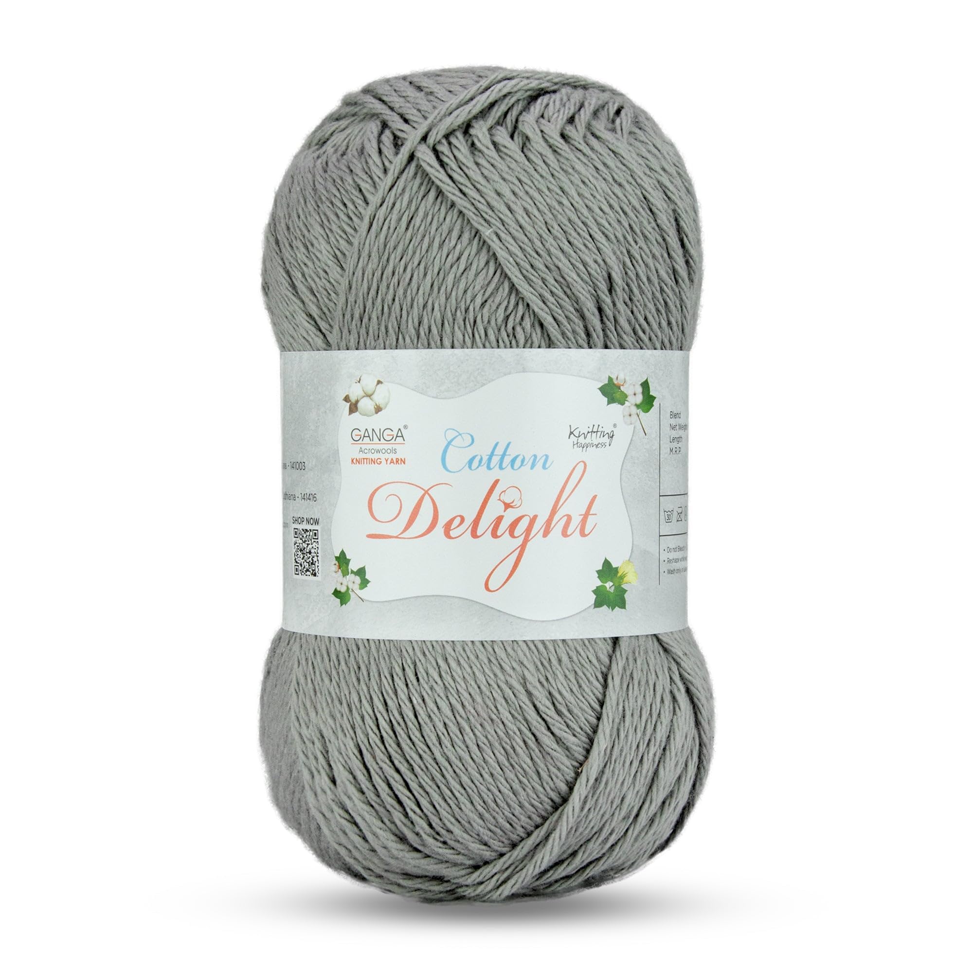 Ganga Acrowools Cotton Delight, Dk Weight Cotton Yarn, Oekotex Class L Certified 100G, 169M, Pack of 1 Ball - 100gm Each, Shade No. - COD038 - Medium Grey