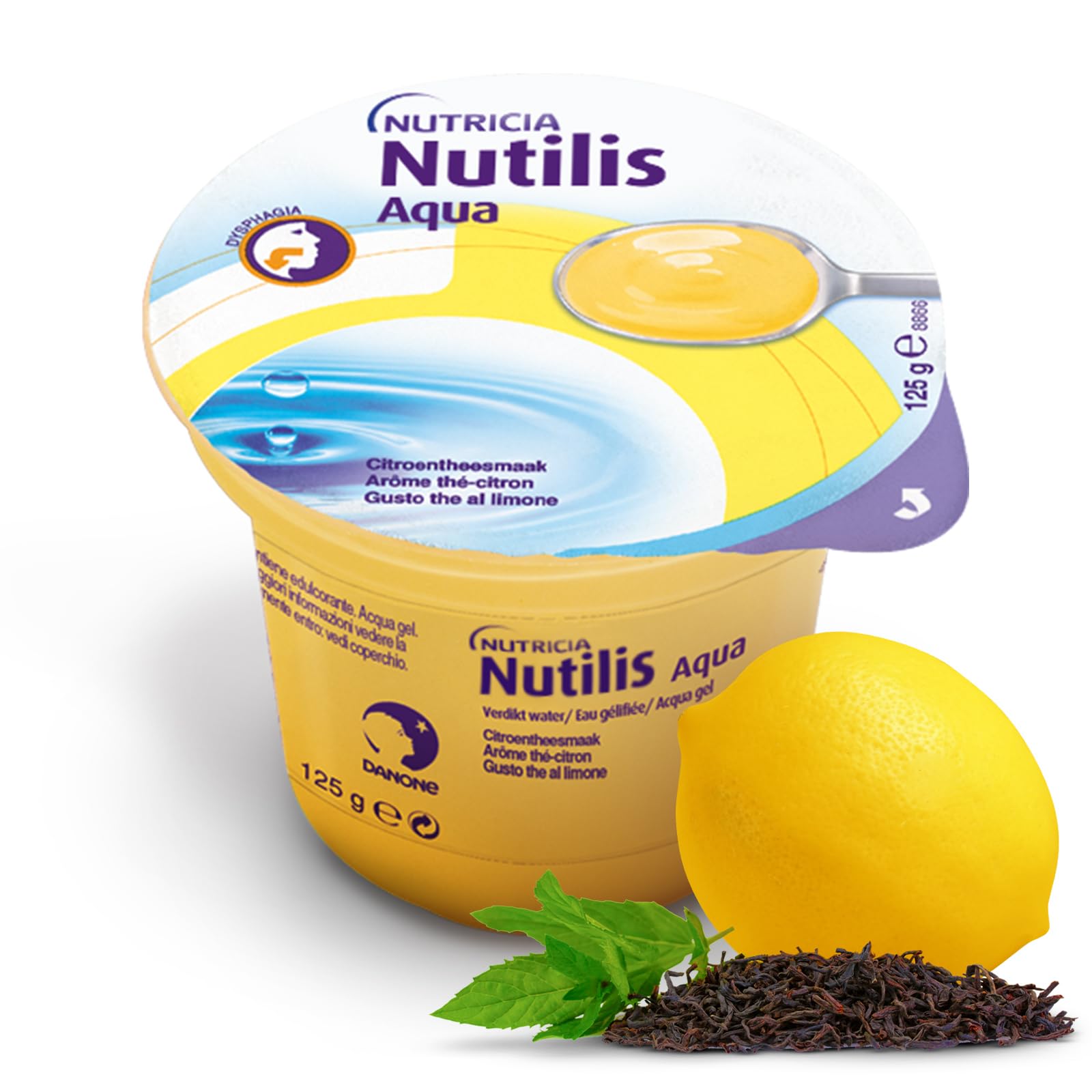 NUTILIS AQUA GEL - Acqua Gelificata per la Gestione Dietetica della Disfagia, Senza Zucchero, Glutine e Lattosio, Alimento a Fini Medici Speciali, Gusto Thè al Limone - 12 x 125g