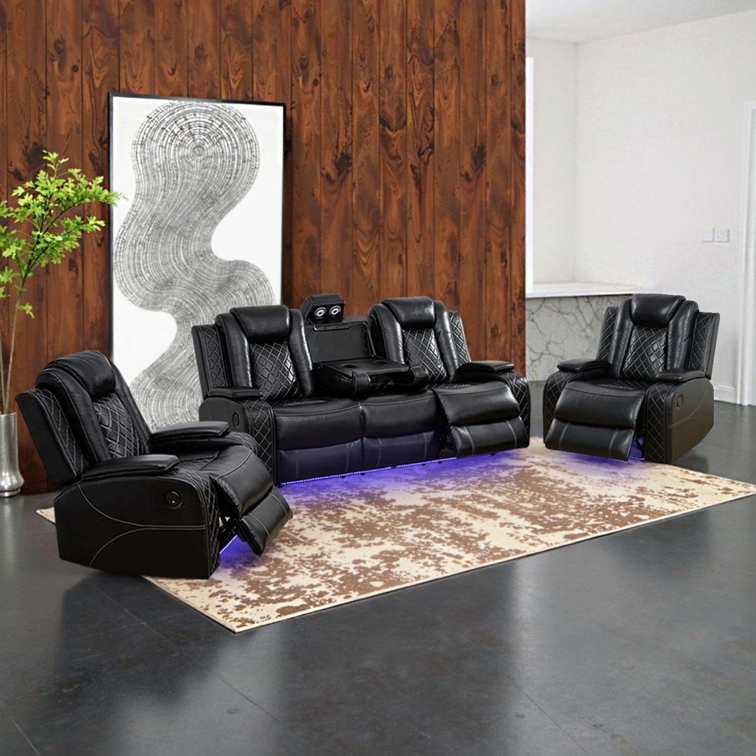 Power Recliner Sofa Set for Living Room Furniture Sets，Leather Reclining Couch Set with LED Lights，Recliner Leather Sofa and Chair*2 with Storage/Cup Holders/Charging Port，Black