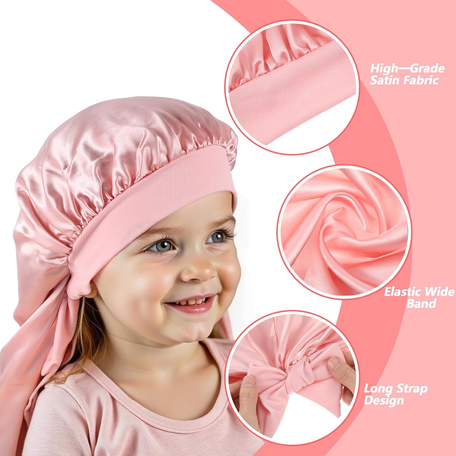 2 Pack Long Hair Bonnet for Sleeping, Silk Bonnet for Kids Satin Bonnets Double Layer Satin Sleep Elastic Satin Bonnet with Tie Band Bonnet Satin Bonnet for Toddler Teens Natural Curly Hair