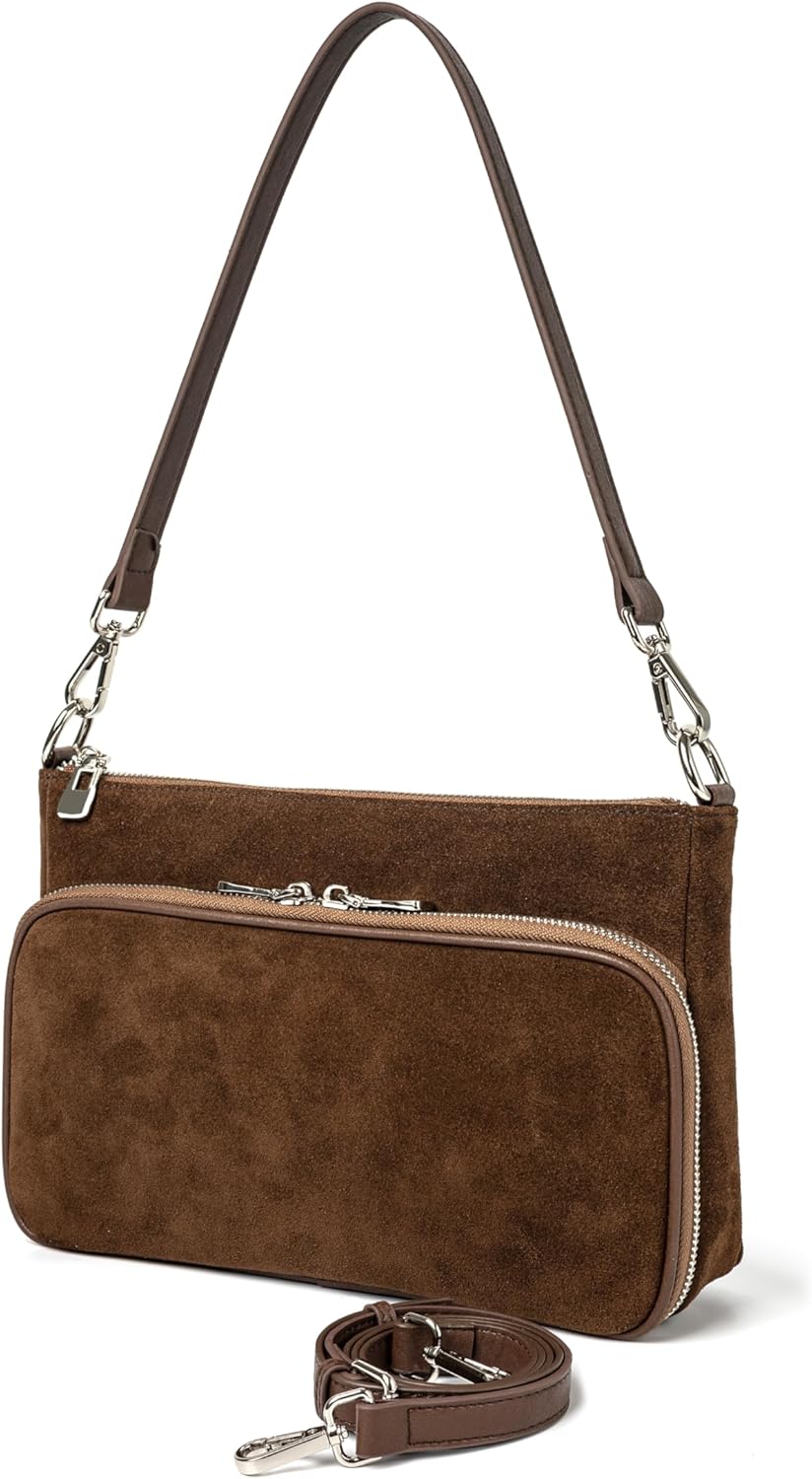 DAILANDO Suede Shoulder Bag for Women, Multi Pockets Crossbody Handbags with Two Removable Straps
