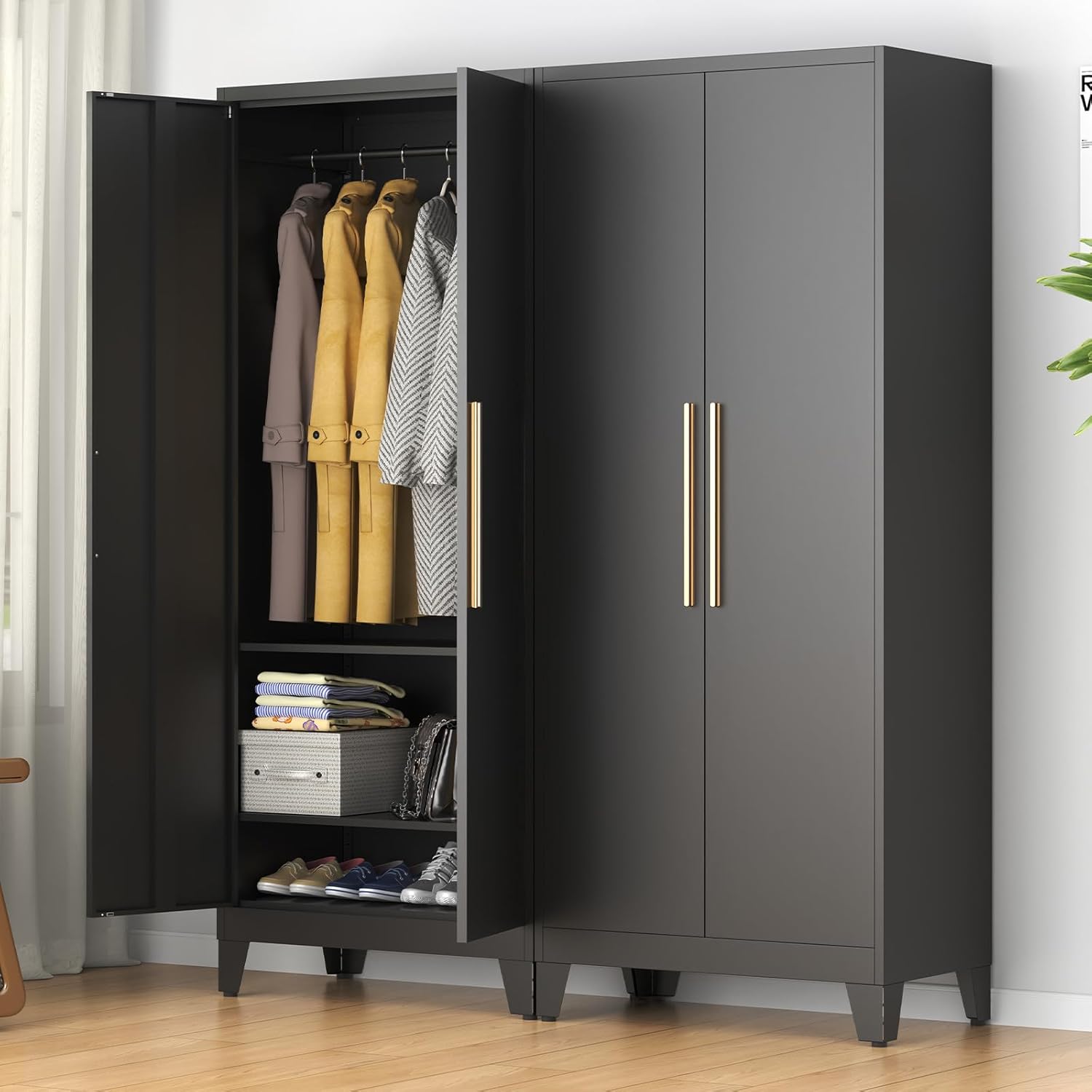75.3" Tall Metal Armoire Wardrobe Closet with 2 Doors, Adjustable Hanging Rod & 2 Adjustable Shelves, Freestanding Storage Cabinet Organizer for Bedroom, Office, Laundry Room, Black
