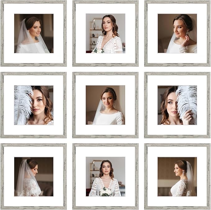 12x12 Picture Frame Set of 9, Display Pictures 8x8 with Mat or 12x12 without Mat, Multi Collage Gallery Square Photo Frames for Wall or Tabletop, Brown