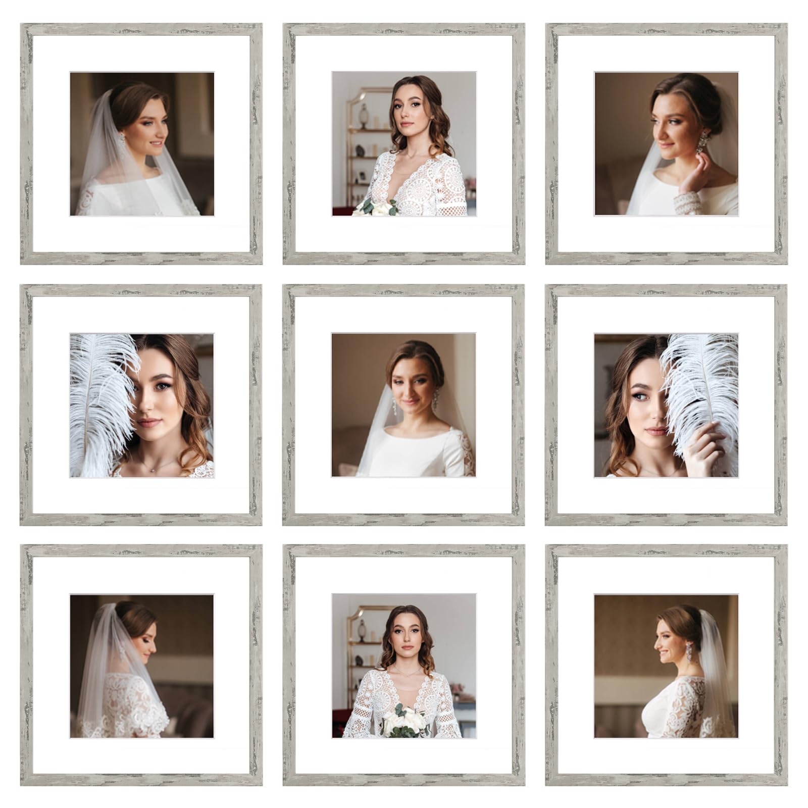 BSRHOME 12x12 Picture Frame Set of 9, Display Pictures 8x8 with Mat or 12x12 without Mat, Multi Collage Gallery Square Photo Frames for Wall or