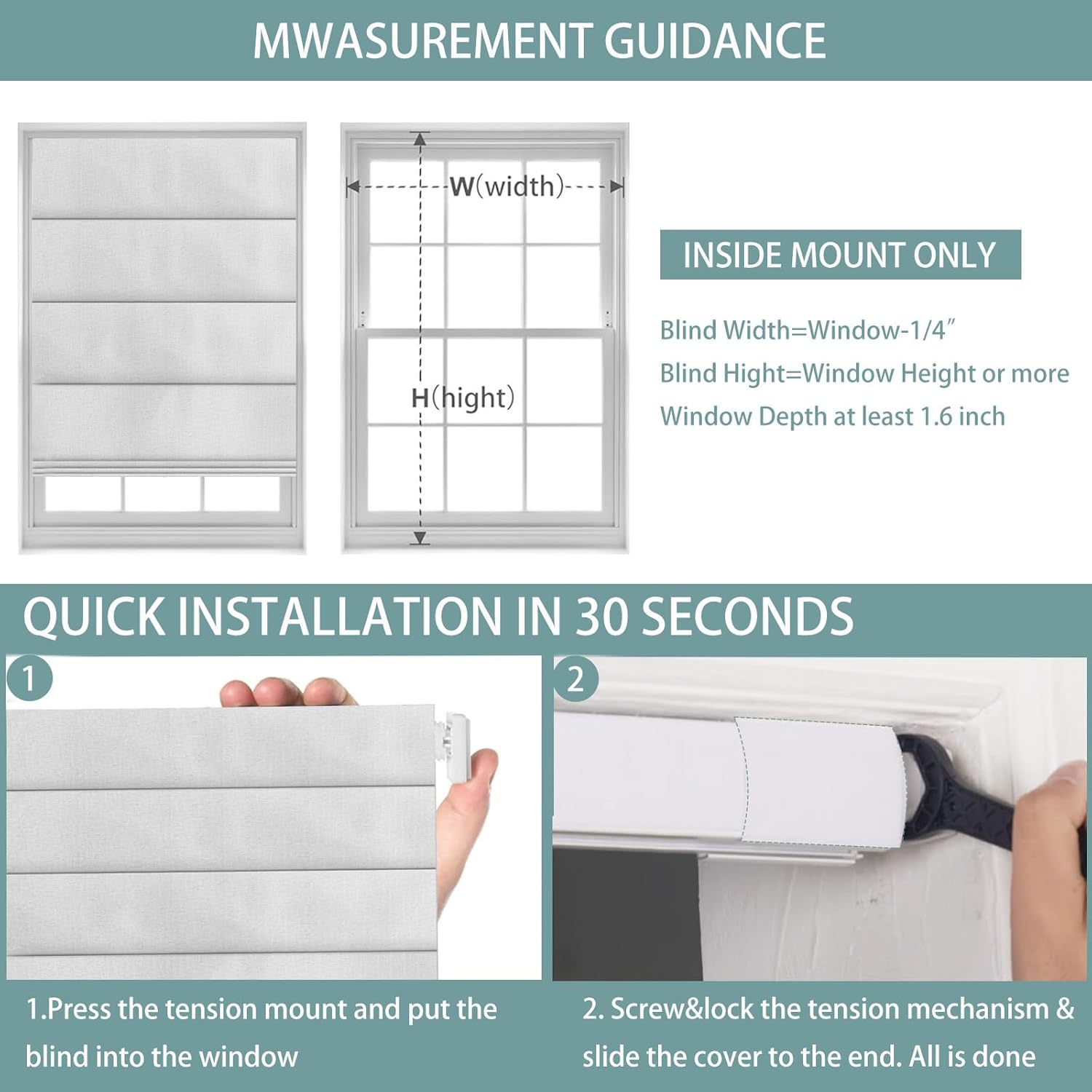 Changshade No Drill Roman Shades for Windows,Cordless Roman Blinds No Tools,Custom Size Light Filtering Pull Down Blinds, Easy Install Modern Fabric Window Shade for Home Office Linen Dark Grey