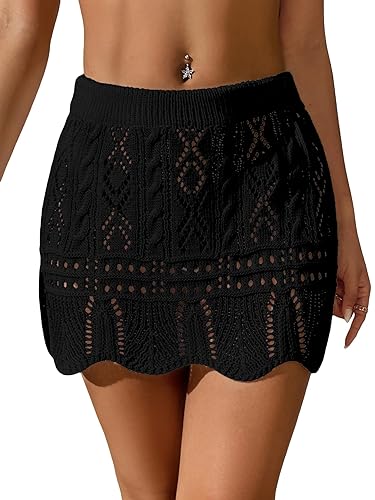 Verdusa Women's Hollow Out Knit Scalloped Elastic Waist Swimsuit Beach