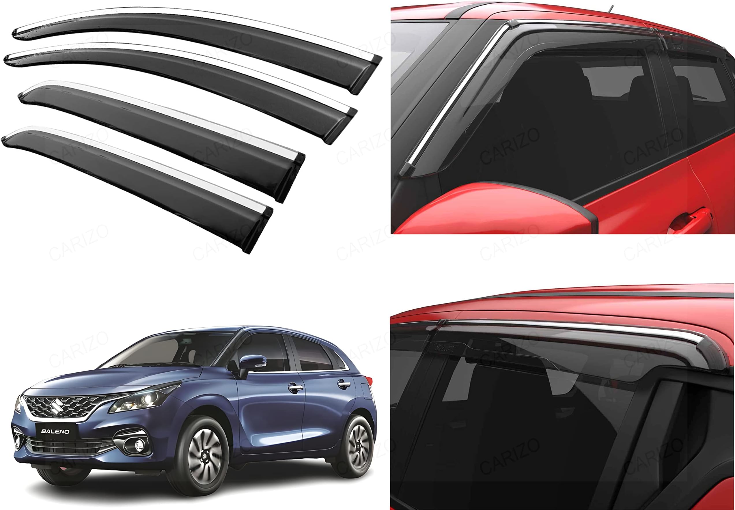CARIZO® Side Window Chrome Line Wind Deflector Visor | Door Visor | Vent Visor | Sun Visor | Rain Guard | Pack of 4 | Compatible with Maruti Suzuki Baleno (2022)